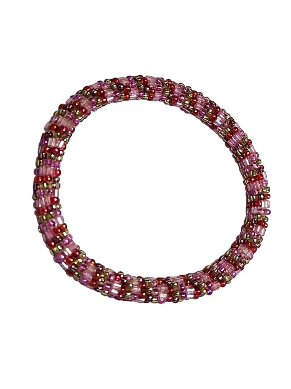 Handmade Seed Beaded Bracelet Pink Red Glass Beads Stretch Retro Fashion Jewelry